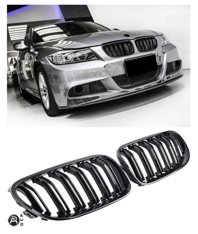 Blanksvart Grill Dubbelribb BMW 3-Serie E90/E91 Facelift 2008-2012