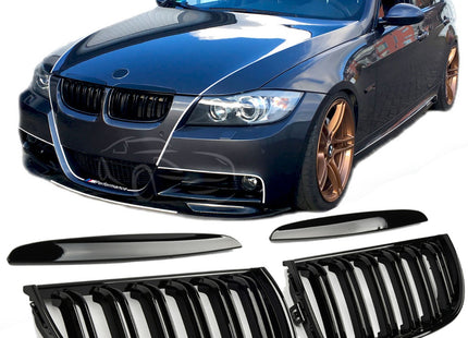 Blanksvart Grill Dubbelribb BMW 3-Serie E90/E91 2005-2008