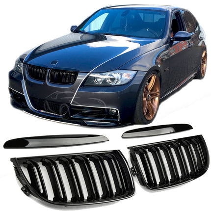 Blanksvart Grill Dubbelribb BMW 3-Serie E90/E91 2005-2008