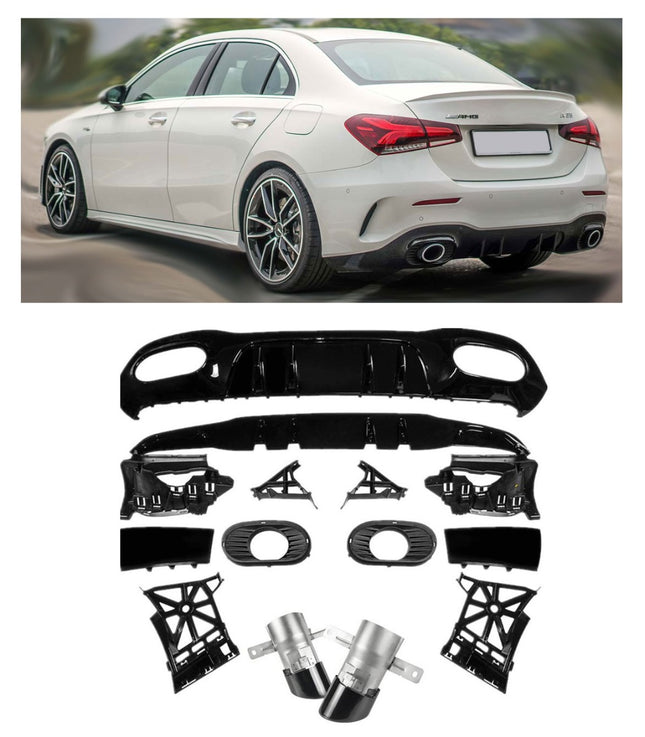 Glossy Blanksvart Diffuser Mercedes A-Klass V177 Sedan (2x1 avgasrör)